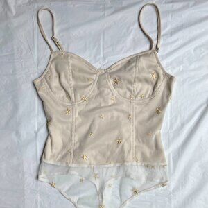 beige and gold star embroidered bodysuit size medium